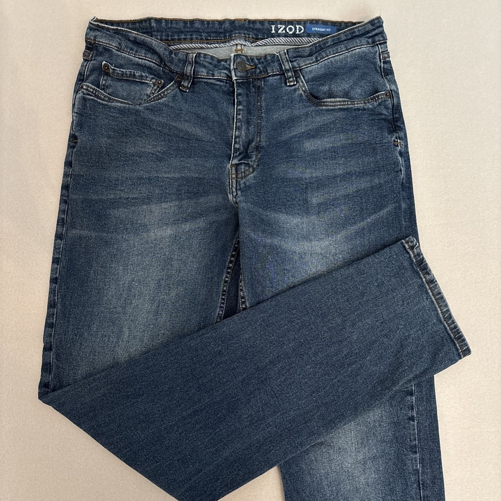 Izod 36x34 Straight Fit STRETCH Slim Jeans Blue Denim Cotton Blend EUC Fast Ship - Picture 3 of 7